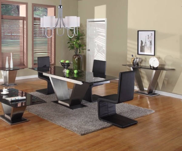 unique-leather-chairs-also-round-chandelier-feat-awesome-granite-dining-table-design-plus-gray-shag-rug